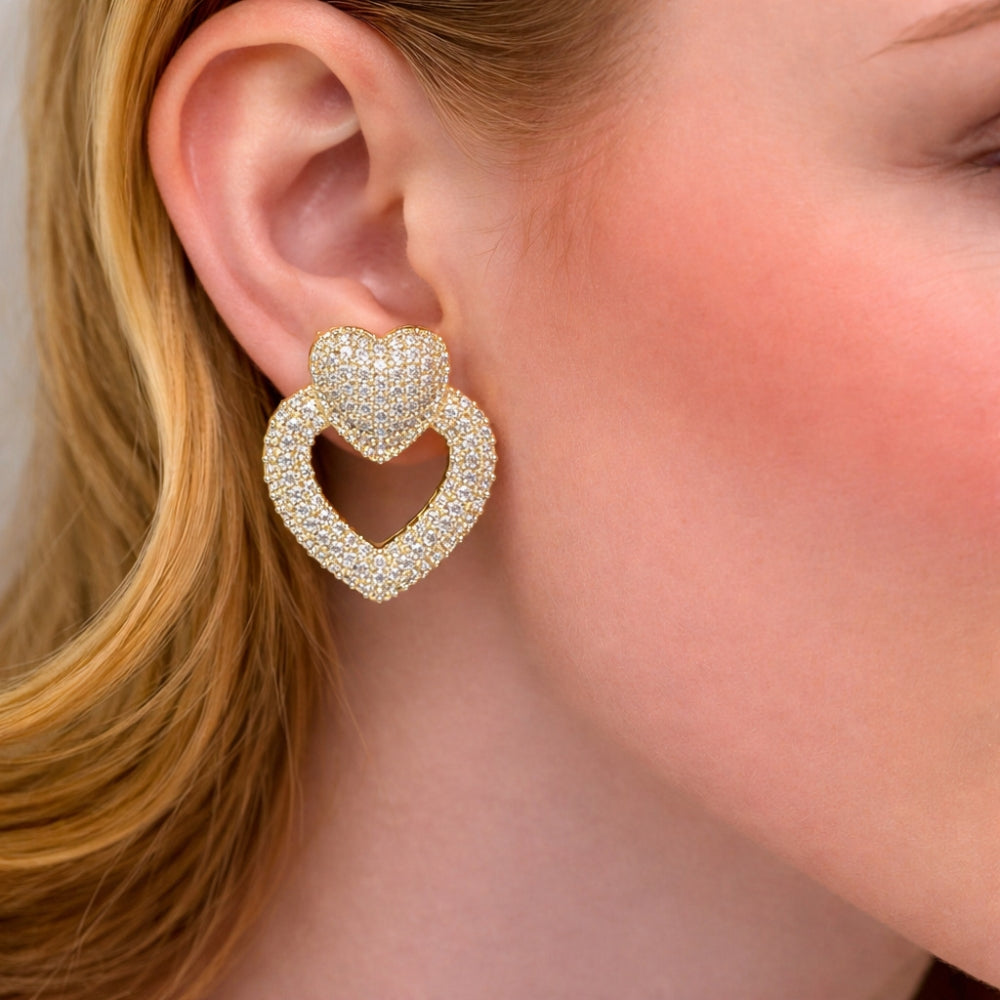 Oro Laminado Stud Earring, Gold Filled Style Heart Design, with White Cubic Zirconia, Polished, Golden Finish