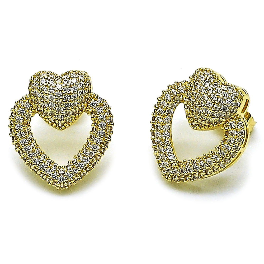 Oro Laminado Stud Earring, Gold Filled Style Heart Design, with White Cubic Zirconia, Polished, Golden Finish