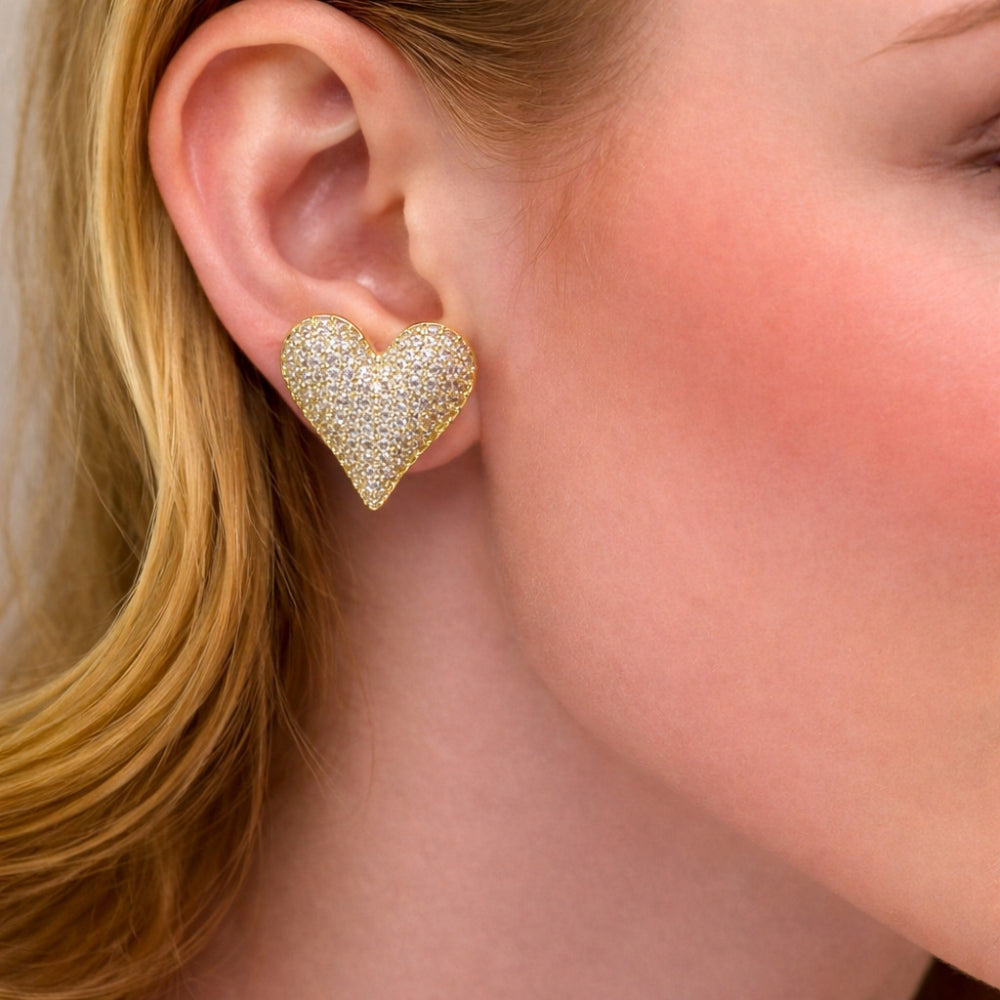 Oro Laminado Stud Earring, Gold Filled Style Heart Design, with White Cubic Zirconia, Polished, Golden Finish