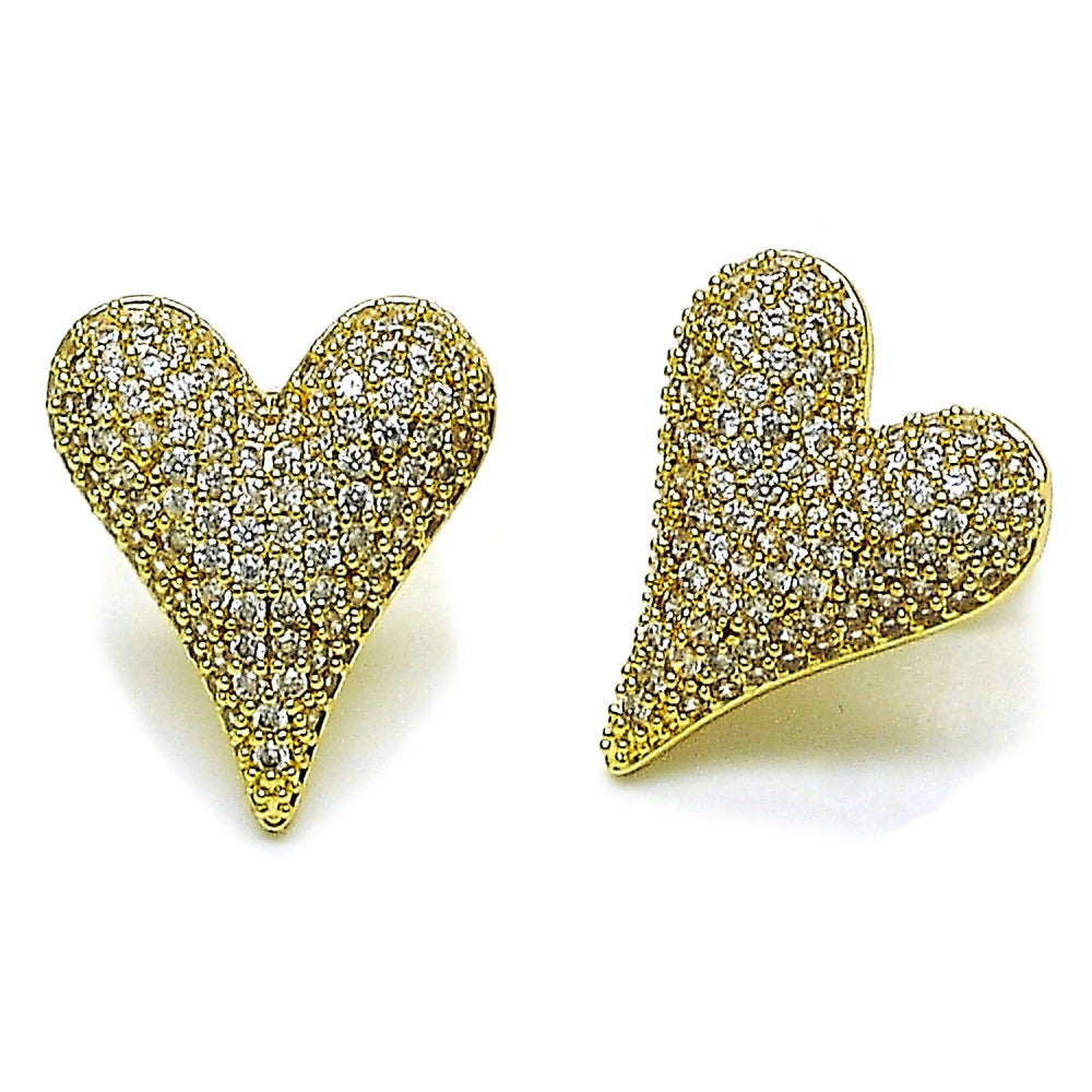 Oro Laminado Stud Earring, Gold Filled Style Heart Design, with White Cubic Zirconia, Polished, Golden Finish