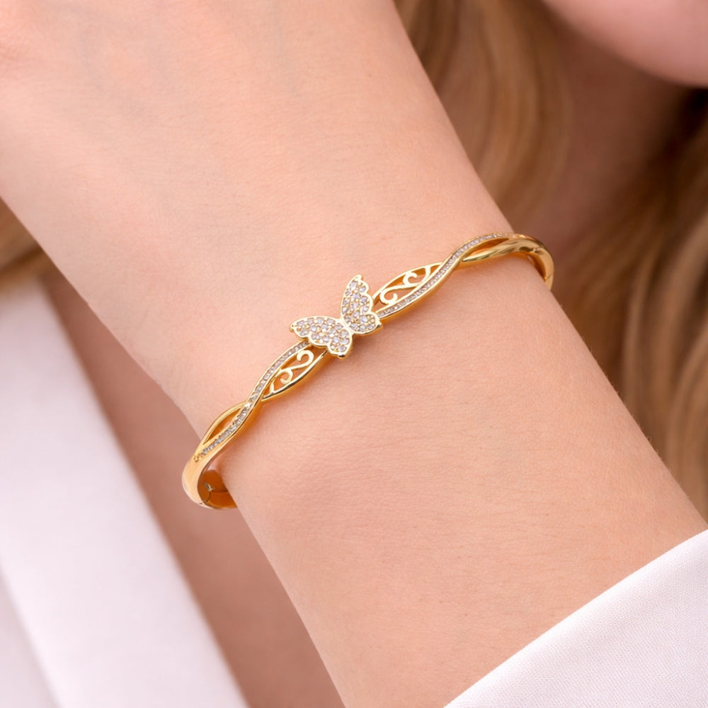 Oro Laminado Individual Bangle, Gold Filled Style Butterfly Design, with White Micro Pave, Polished, Golden Finish