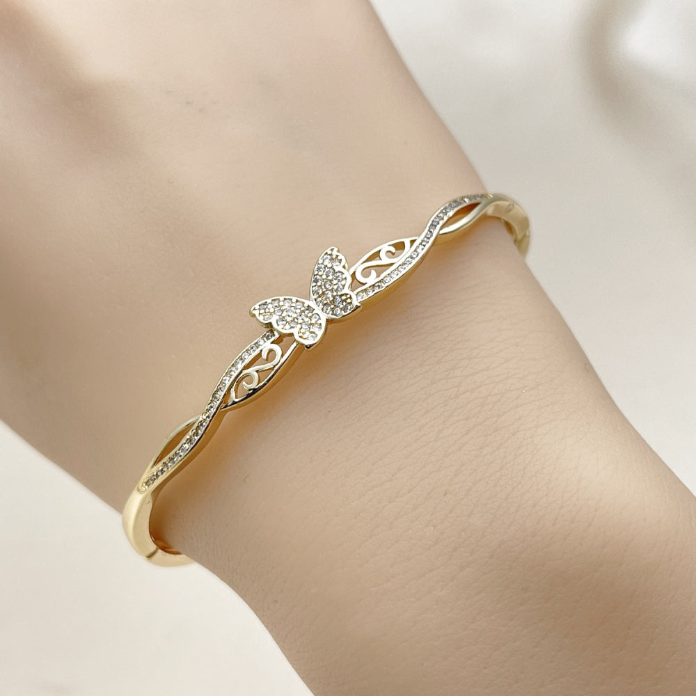 Oro Laminado Individual Bangle, Gold Filled Style Butterfly Design, with White Micro Pave, Polished, Golden Finish