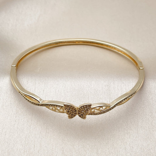 Oro Laminado Individual Bangle, Gold Filled Style Butterfly Design, with White Micro Pave, Polished, Golden Finish