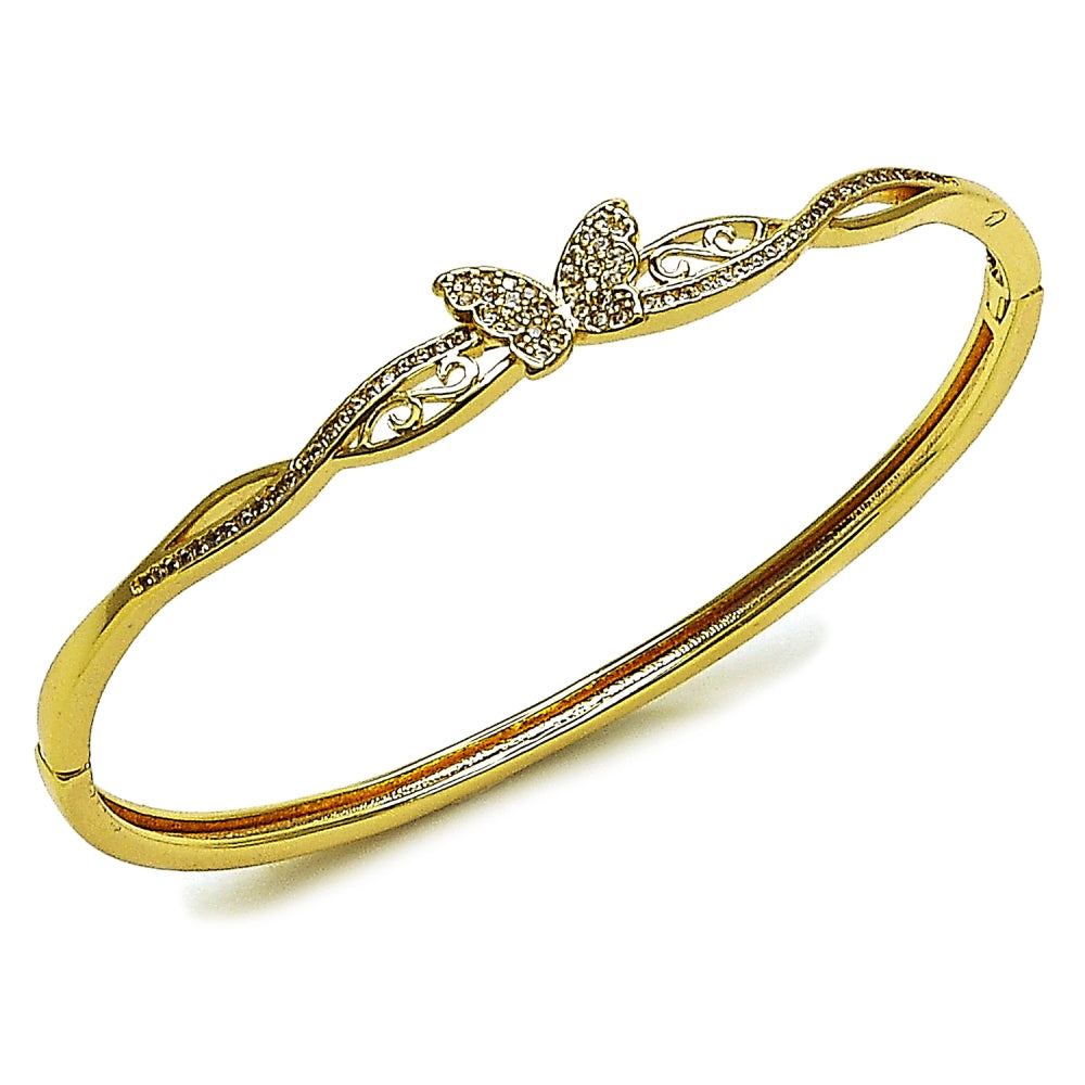 Oro Laminado Individual Bangle, Gold Filled Style Butterfly Design, with White Micro Pave, Polished, Golden Finish
