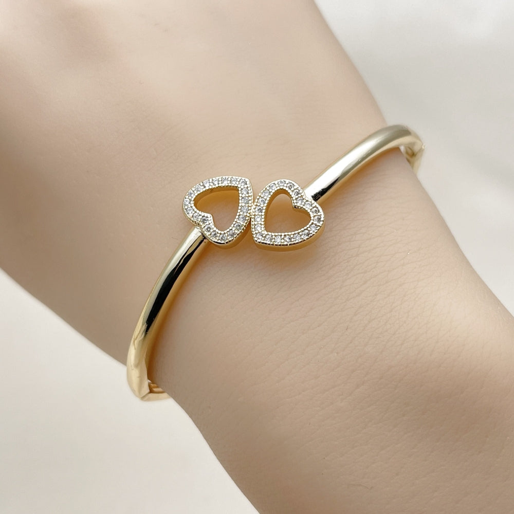 Oro Laminado Individual Bangle, Gold Filled Style Heart Design, with White Micro Pave, Polished, Golden Finish