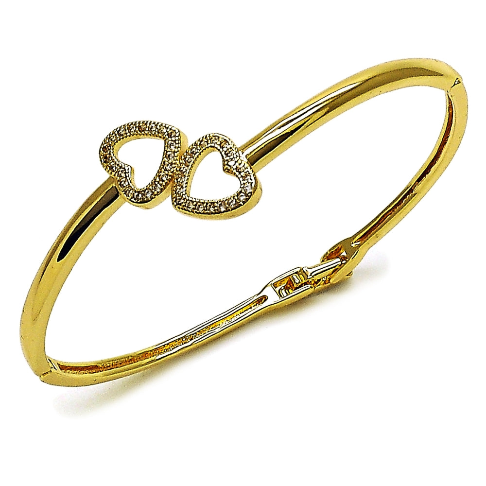 Oro Laminado Individual Bangle, Gold Filled Style Heart Design, with White Micro Pave, Polished, Golden Finish