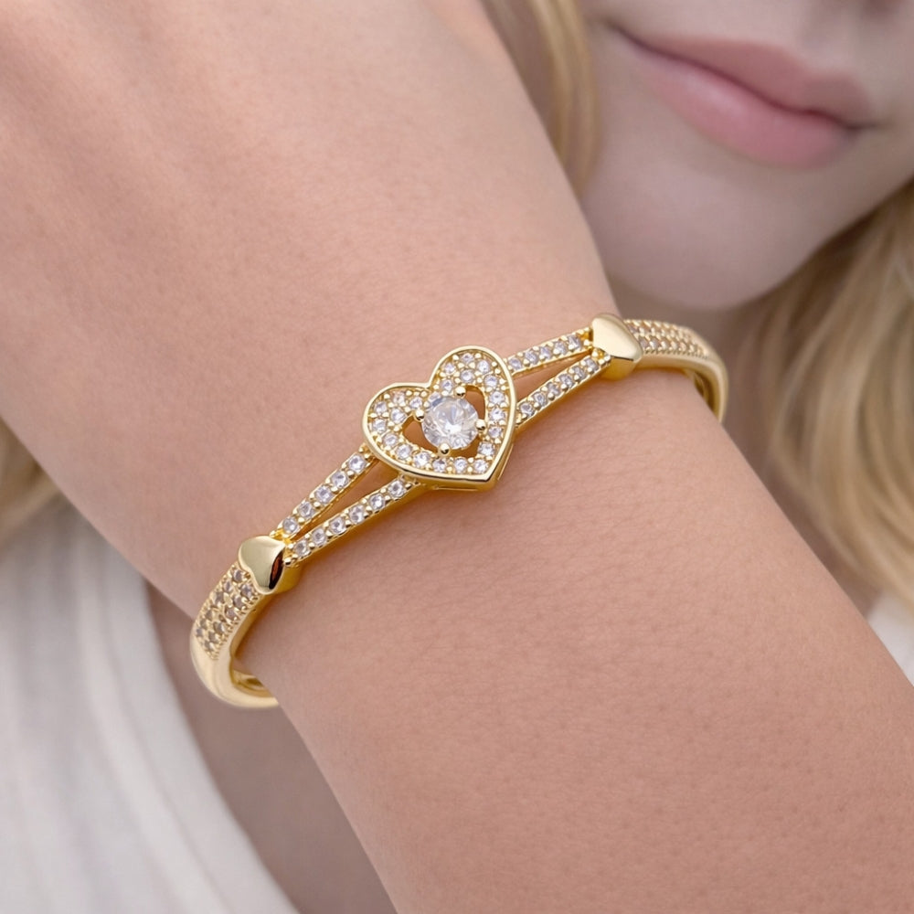 Oro Laminado Individual Bangle, Gold Filled Style Heart Design, with White Cubic Zirconia, Polished, Golden Finish