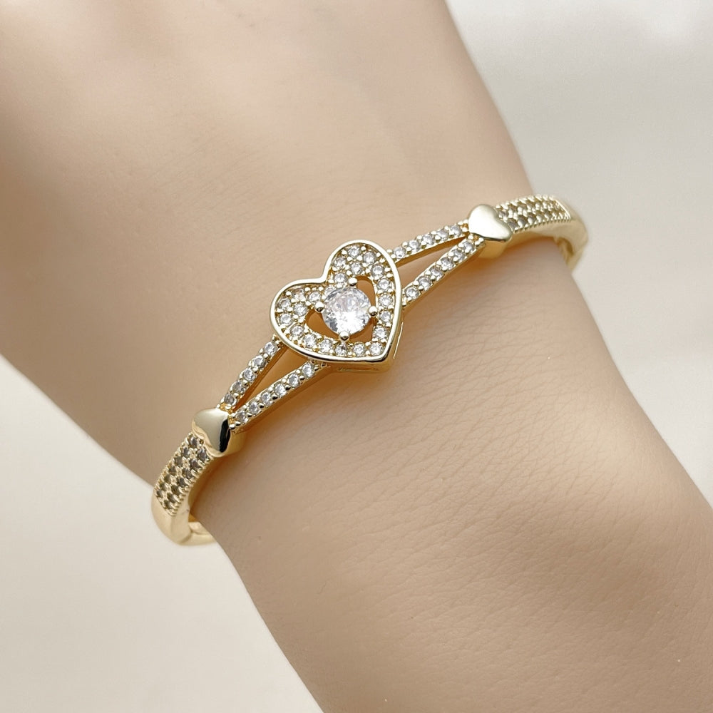Oro Laminado Individual Bangle, Gold Filled Style Heart Design, with White Cubic Zirconia, Polished, Golden Finish
