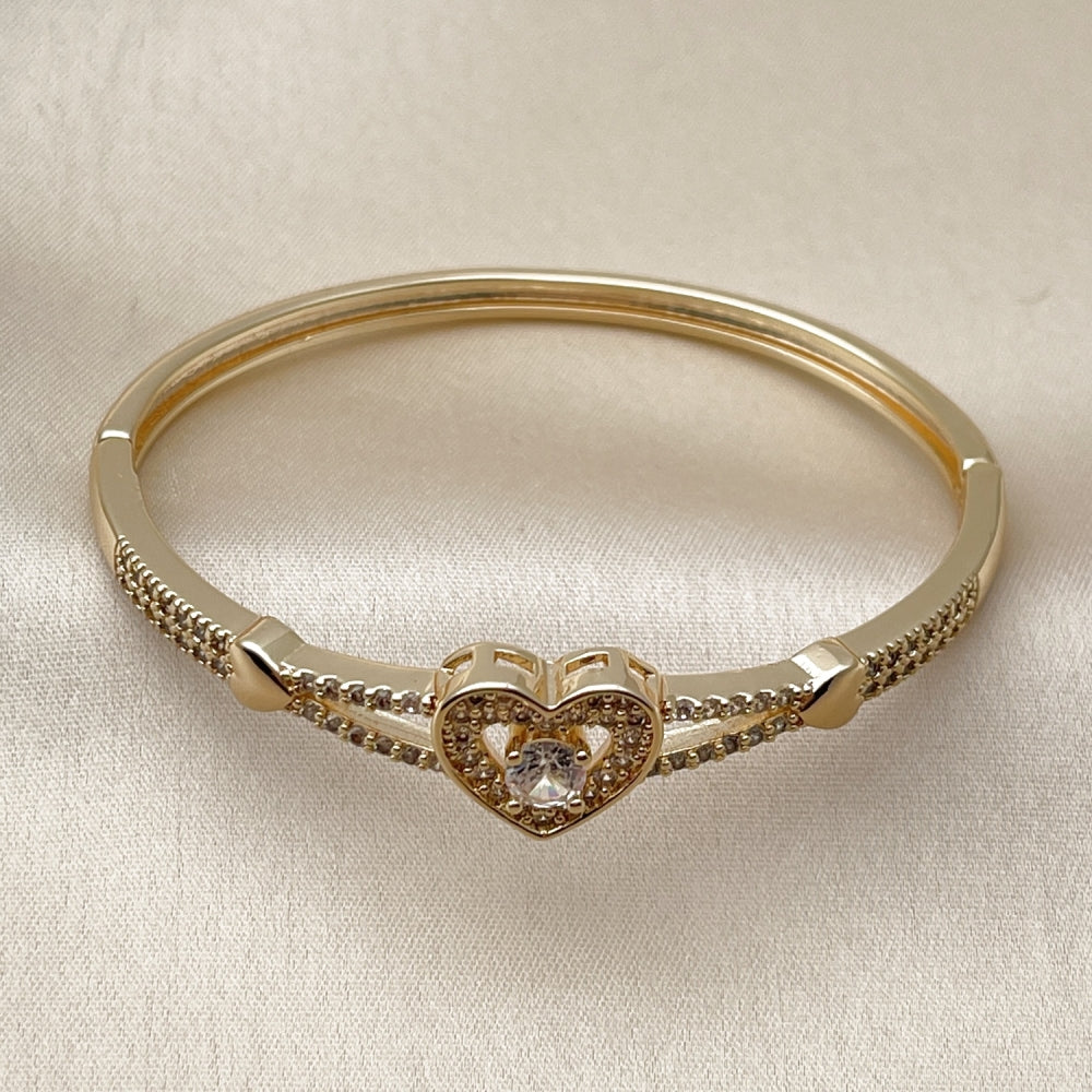 Oro Laminado Individual Bangle, Gold Filled Style Heart Design, with White Cubic Zirconia, Polished, Golden Finish