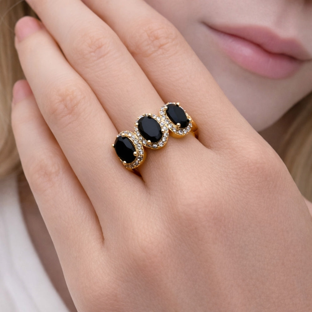 Oro Laminado Multi Stone Ring, Gold Filled Style Cluster Design, with Black Cubic Zirconia and White Micro Pave, Polished, Golden Finish