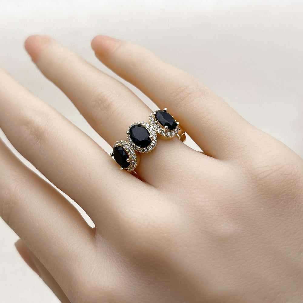 Oro Laminado Multi Stone Ring, Gold Filled Style Cluster Design, with Black Cubic Zirconia and White Micro Pave, Polished, Golden Finish