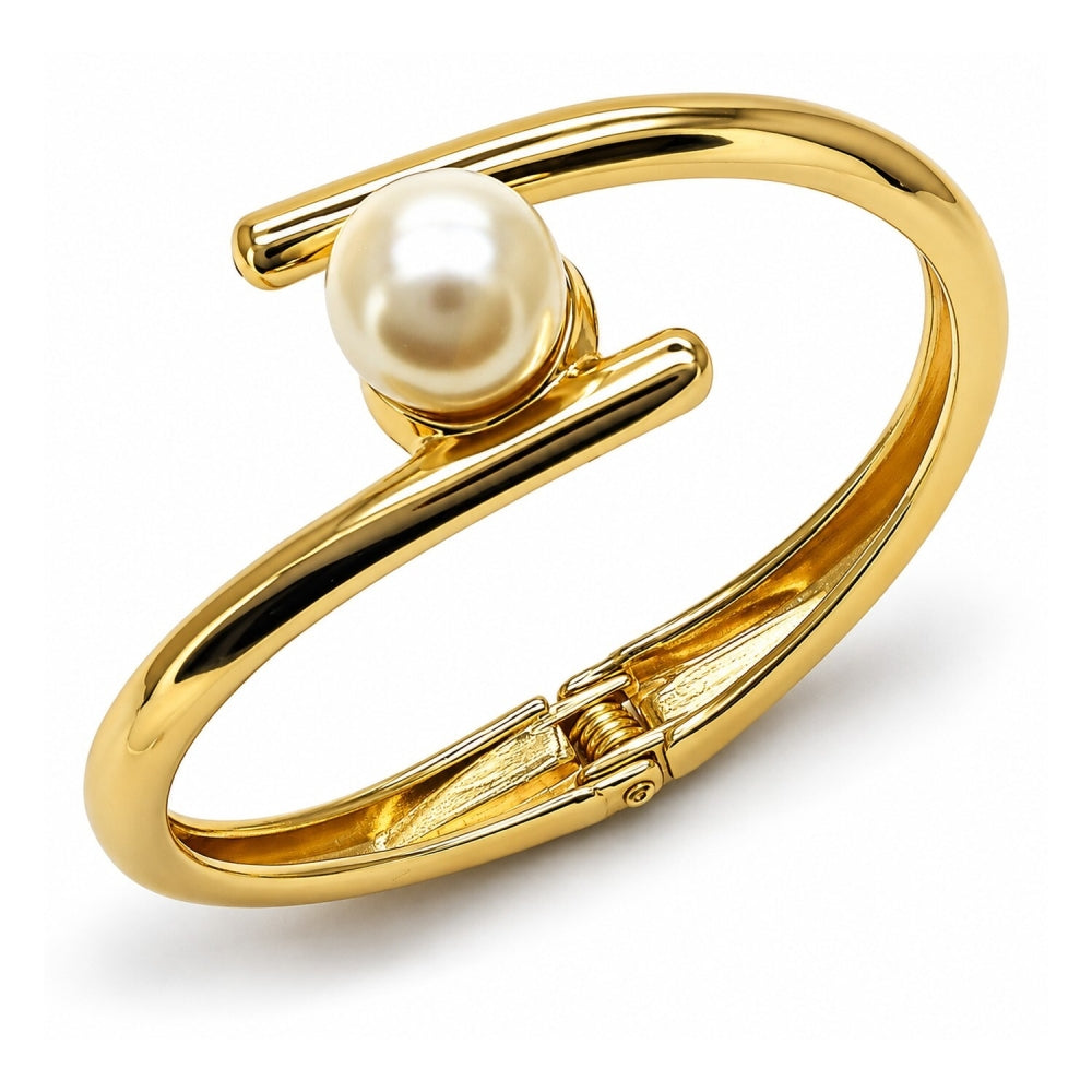 Oro Laminado Individual Bangle, Gold Filled Style Ball Design, with Ivory Pearl, Polished, Golden Finish