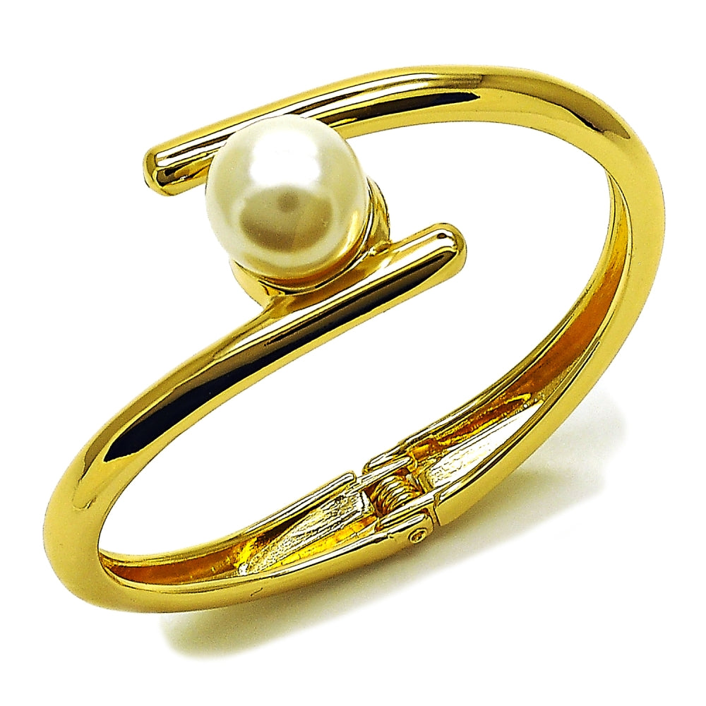 Oro Laminado Individual Bangle, Gold Filled Style Ball Design, with Ivory Pearl, Polished, Golden Finish