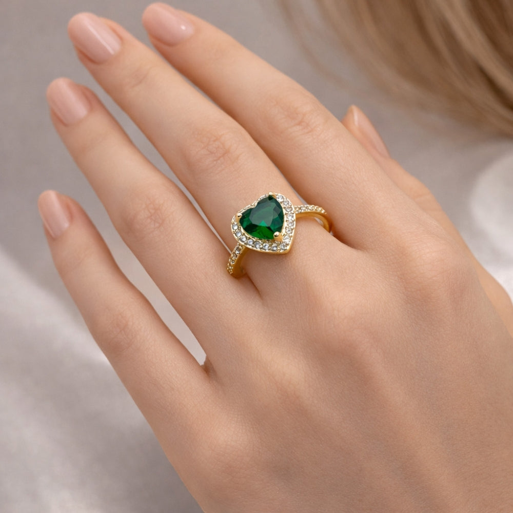 Oro Laminado Multi Stone Ring, Gold Filled Style Heart and Cluster Design, with Green Cubic Zirconia and White Micro Pave, Polished, Golden Finish