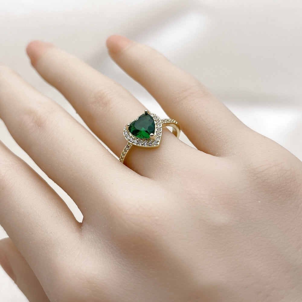 Oro Laminado Multi Stone Ring, Gold Filled Style Heart and Cluster Design, with Green Cubic Zirconia and White Micro Pave, Polished, Golden Finish