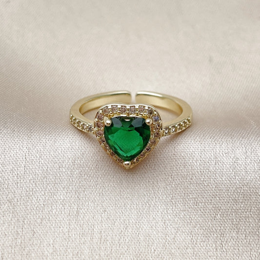 Oro Laminado Multi Stone Ring, Gold Filled Style Heart and Cluster Design, with Green Cubic Zirconia and White Micro Pave, Polished, Golden Finish