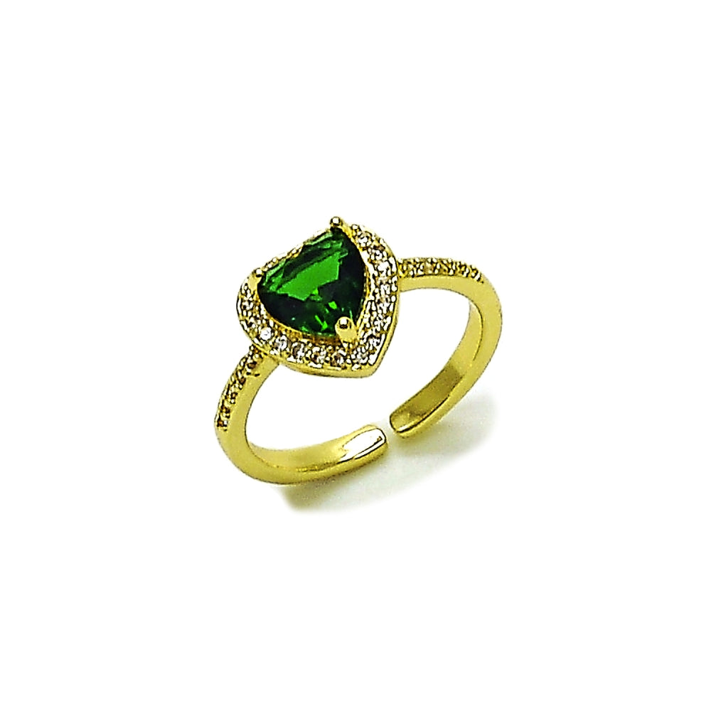 Oro Laminado Multi Stone Ring, Gold Filled Style Heart and Cluster Design, with Green Cubic Zirconia and White Micro Pave, Polished, Golden Finish