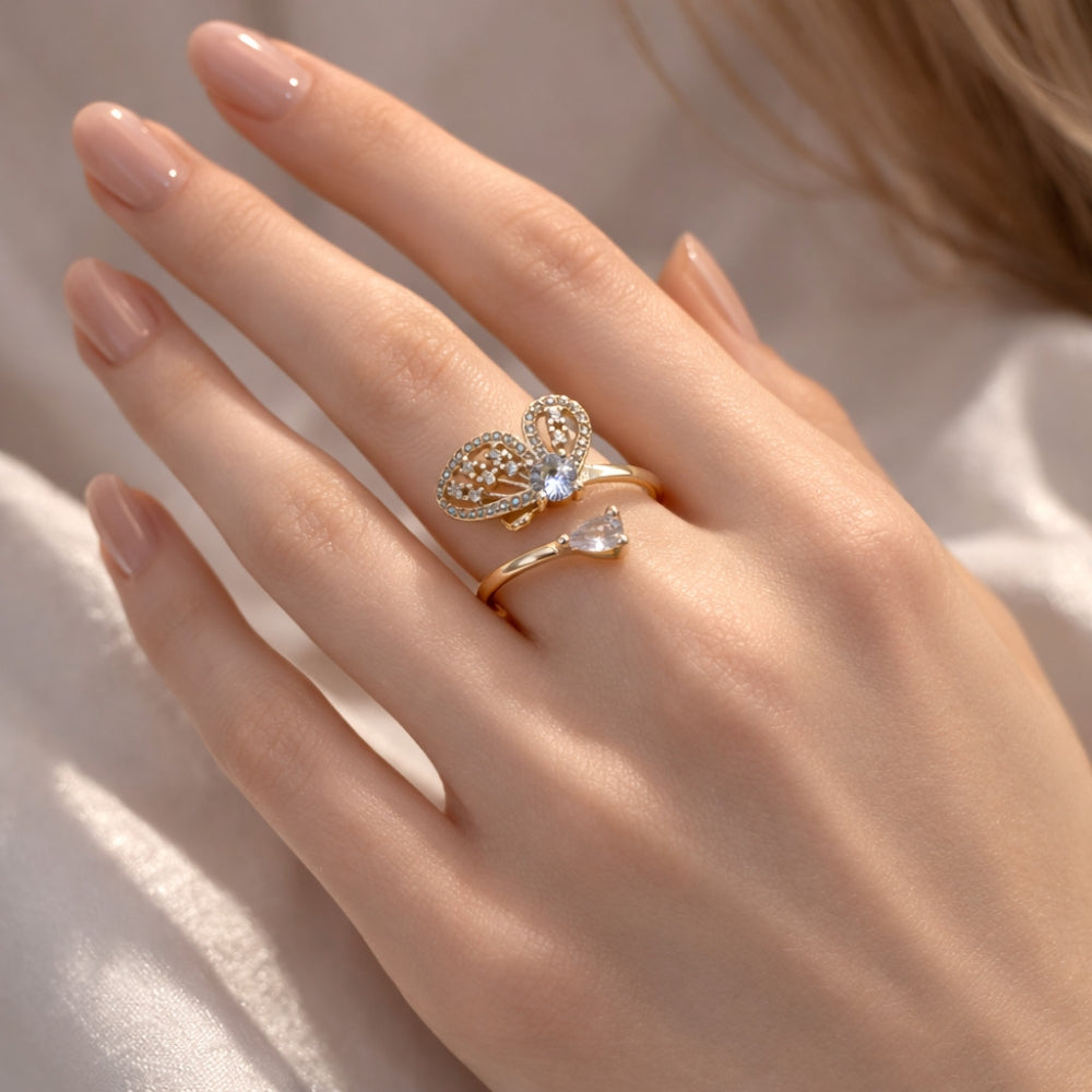Oro Laminado Multi Stone Ring, Gold Filled Style Butterfly Design, with White Cubic Zirconia and White Micro Pave, Polished, Golden Finish