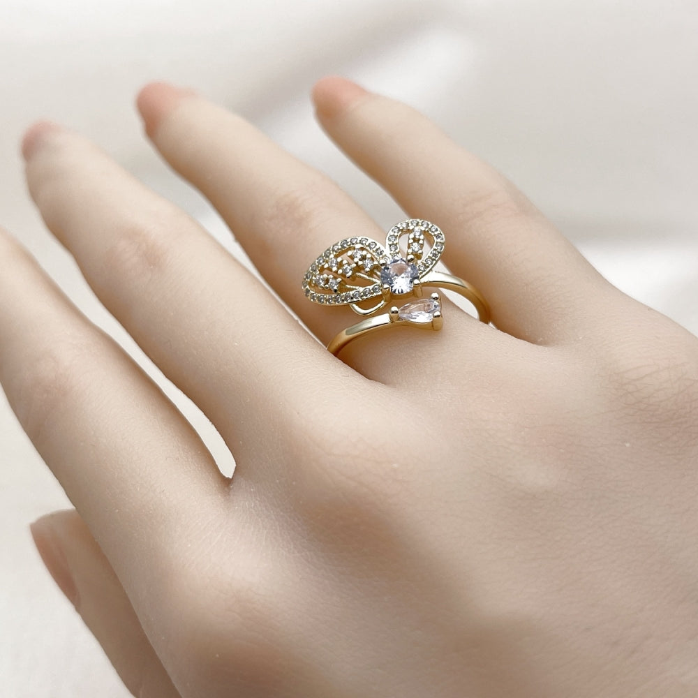 Oro Laminado Multi Stone Ring, Gold Filled Style Butterfly Design, with White Cubic Zirconia and White Micro Pave, Polished, Golden Finish