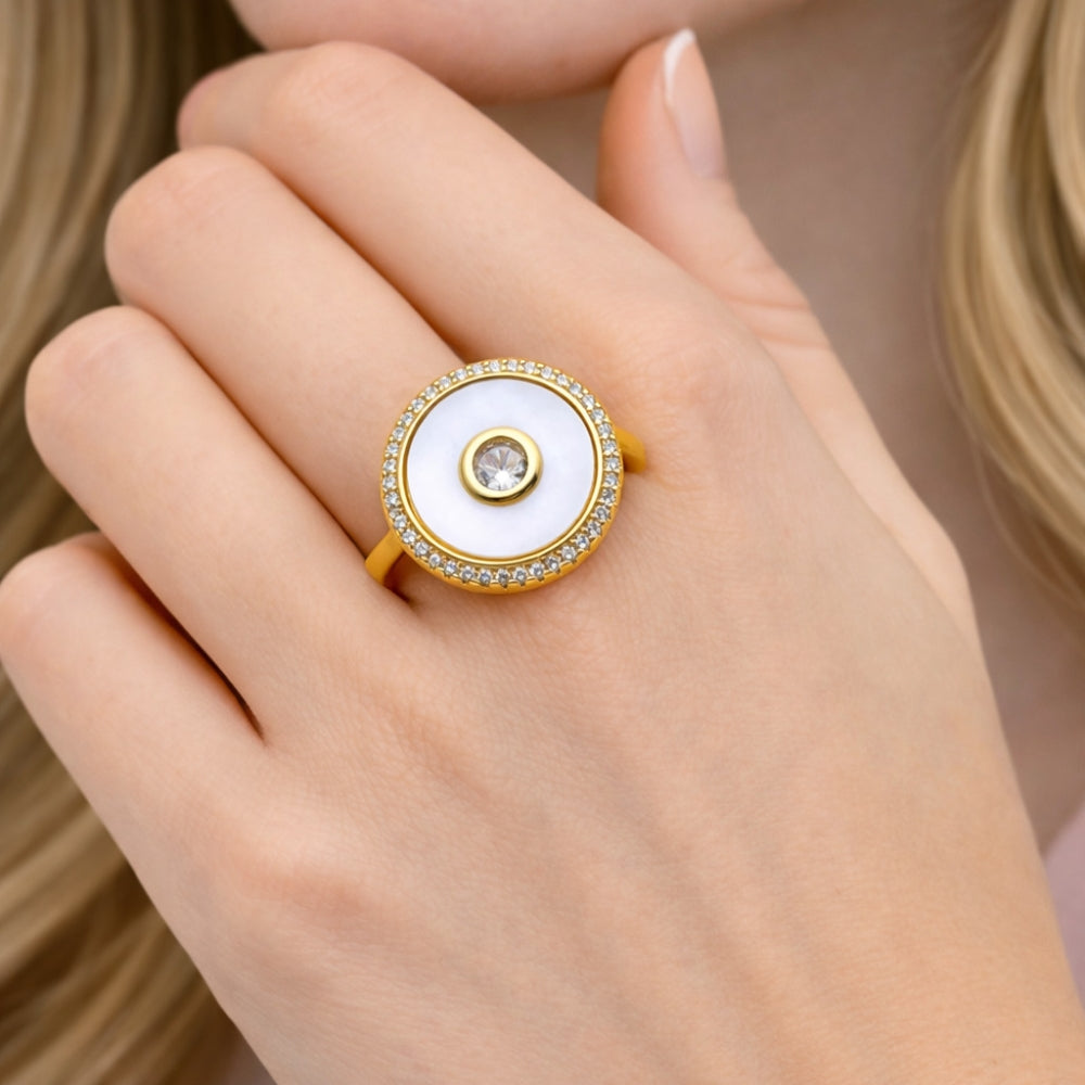 Oro Laminado Multi Stone Ring, Gold Filled Style Cluster Design, with Ivory Mother of Pearl and White Cubic Zirconia, Polished, Golden Finish