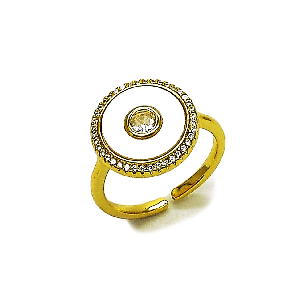 Oro Laminado Multi Stone Ring, Gold Filled Style Cluster Design, with Ivory Mother of Pearl and White Cubic Zirconia, Polished, Golden Finish