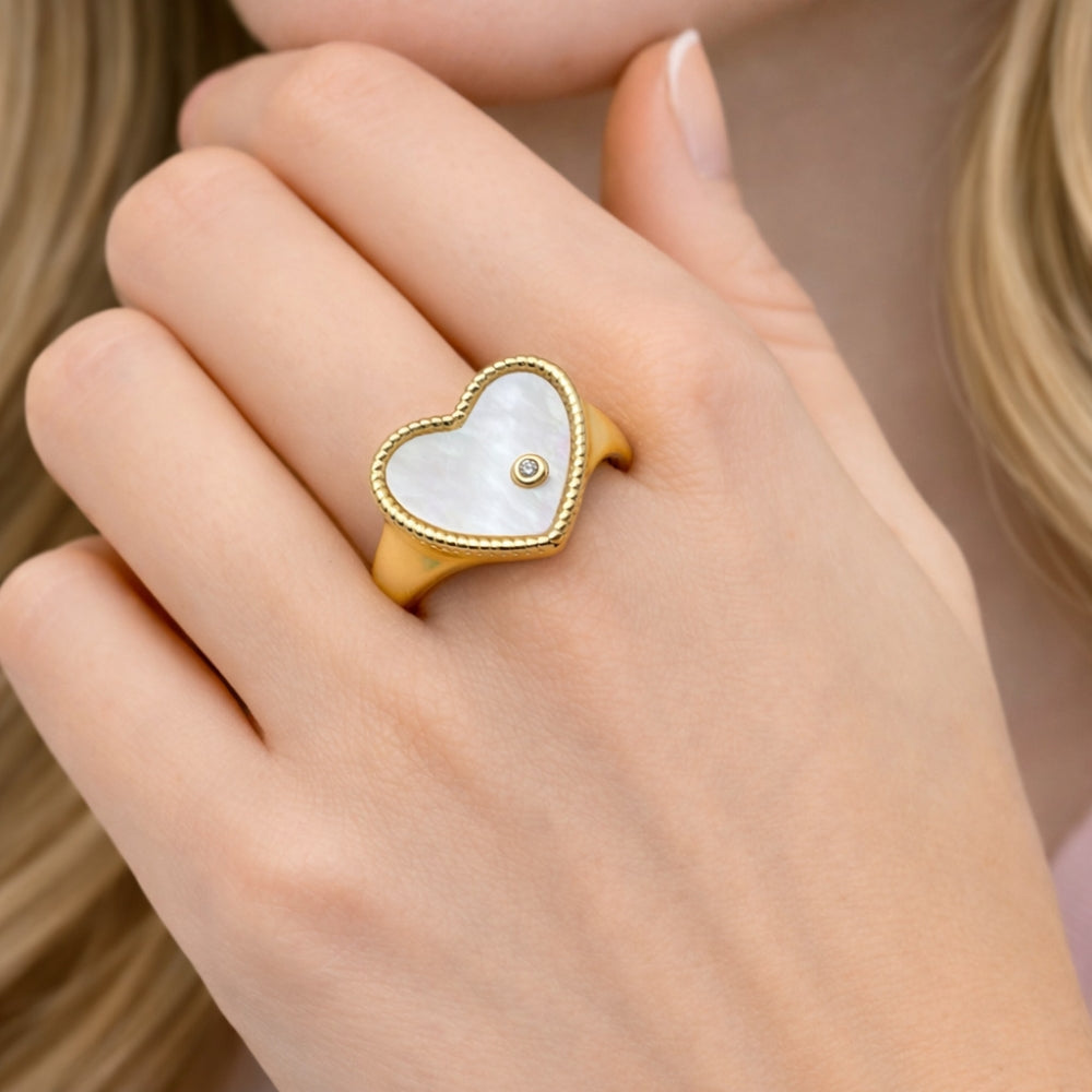 Oro Laminado Multi Stone Ring, Gold Filled Style Heart Design, with Ivory Mother of Pearl and White Cubic Zirconia, Polished, Golden Finish