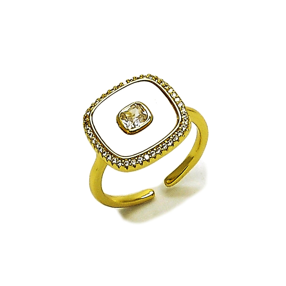 Oro Laminado Multi Stone Ring, Gold Filled Style Cluster Design, with Ivory Mother of Pearl and White Cubic Zirconia, Polished, Golden Finish