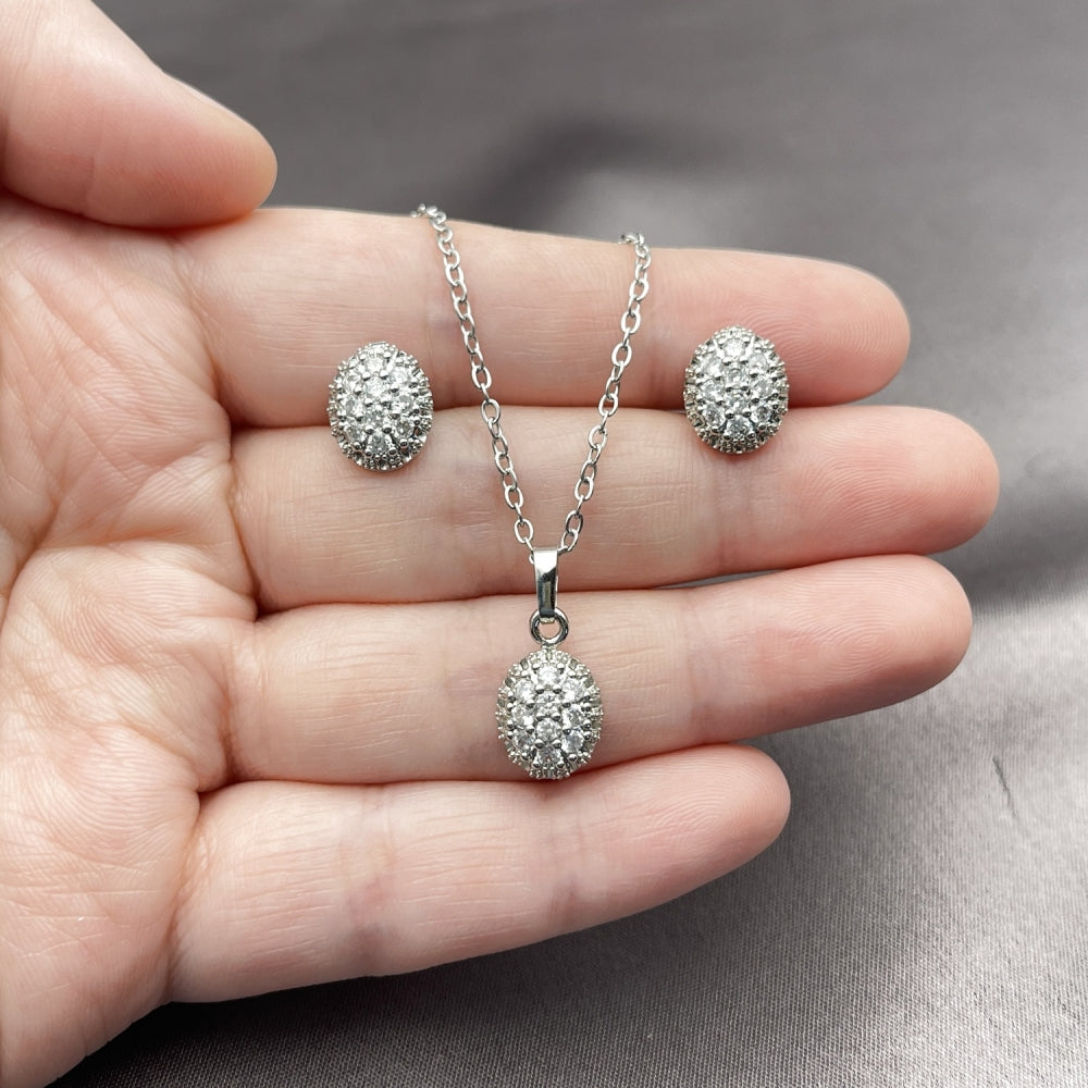 Rhodium Gold Filled Earring and Pendant Adult Set, with White Cubic Zirconia, Polished, Rhodium Finish