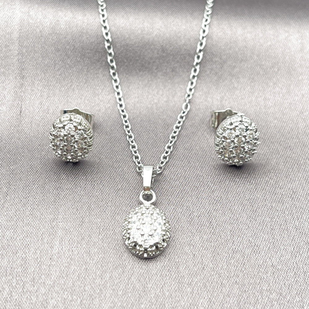 Rhodium Gold Filled Earring and Pendant Adult Set, with White Cubic Zirconia, Polished, Rhodium Finish