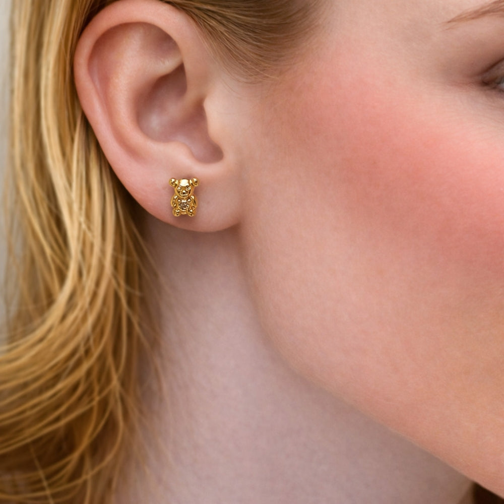 Oro Laminado Stud Earring, Gold Filled Style Teddy Bear Design, with White Cubic Zirconia, Polished, Golden Finish