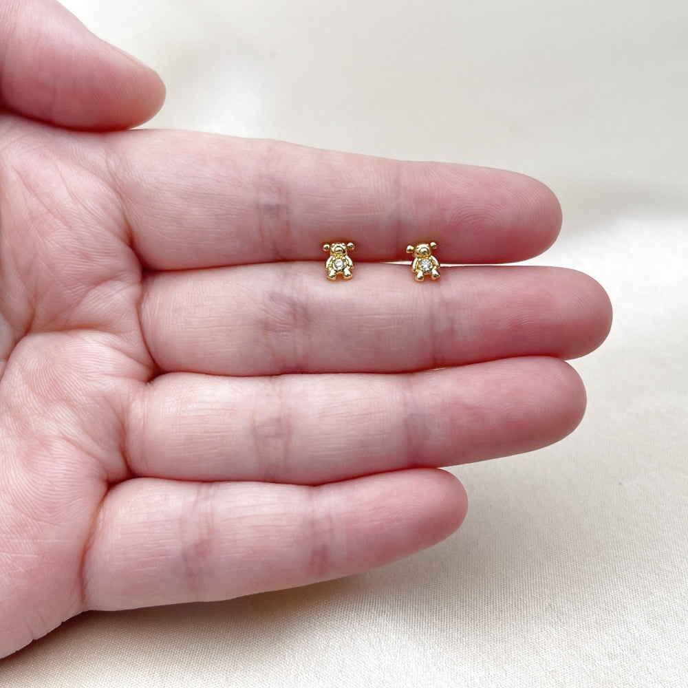 Oro Laminado Stud Earring, Gold Filled Style Teddy Bear Design, with White Cubic Zirconia, Polished, Golden Finish