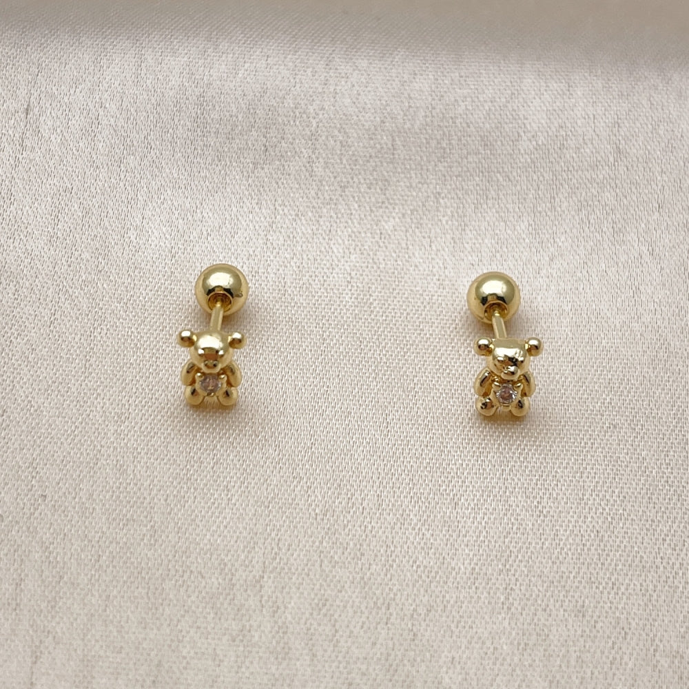 Oro Laminado Stud Earring, Gold Filled Style Teddy Bear Design, with White Cubic Zirconia, Polished, Golden Finish