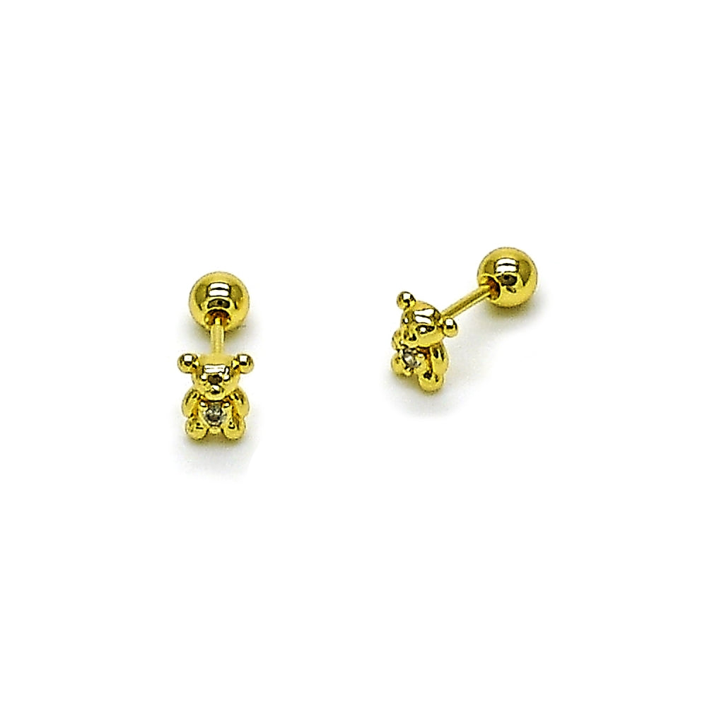 Oro Laminado Stud Earring, Gold Filled Style Teddy Bear Design, with White Cubic Zirconia, Polished, Golden Finish
