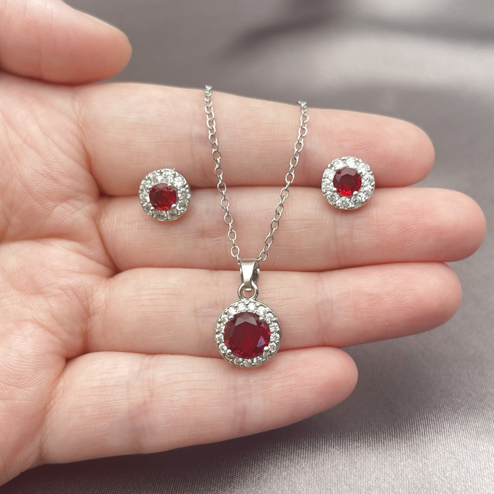 Rhodium Gold Filled Earring and Pendant Adult Set, Cluster and Rolo Design, with Garnet and White Cubic Zirconia, Polished, Rhodium Finish
