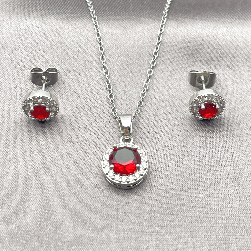 Rhodium Gold Filled Earring and Pendant Adult Set, Cluster and Rolo Design, with Garnet and White Cubic Zirconia, Polished, Rhodium Finish