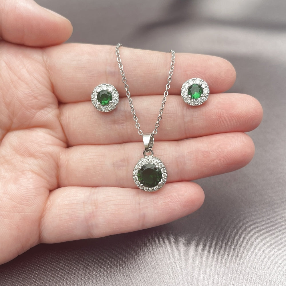 Rhodium Gold Filled Earring and Pendant Adult Set, Cluster and Rolo Design, with Green and White Cubic Zirconia, Polished, Rhodium Finish