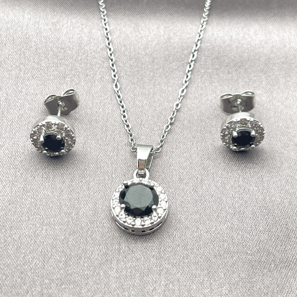 Rhodium Gold Filled Earring and Pendant Adult Set, Cluster and Rolo Design, with Black and White Cubic Zirconia, Polished, Rhodium Finish