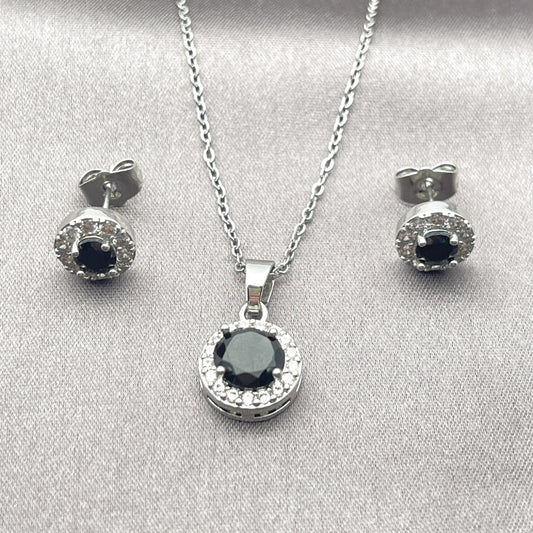 Rhodium Gold Filled Earring and Pendant Adult Set, Cluster and Rolo Design, with Black and White Cubic Zirconia, Polished, Rhodium Finish