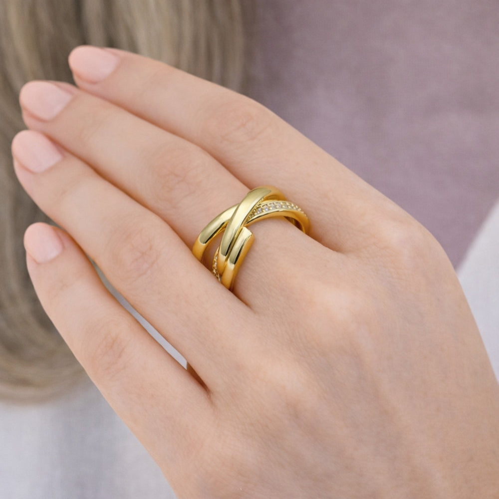 Oro Laminado Multi Stone Ring, Gold Filled Style with White Micro Pave, Polished, Golden Finish