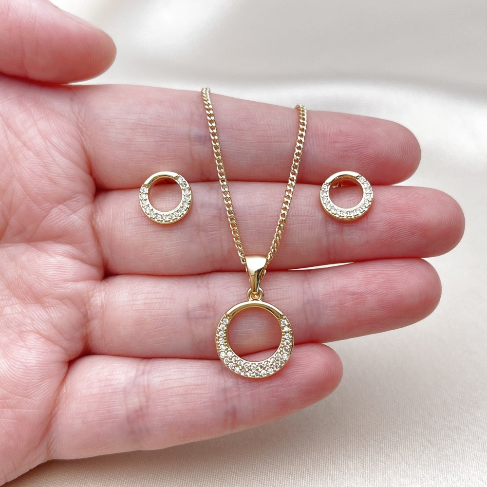 Oro Laminado Earring and Pendant Adult Set, Gold Filled Style with White Micro Pave, Polished, Golden Finish