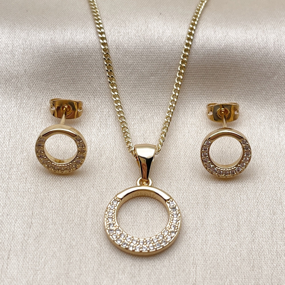 Oro Laminado Earring and Pendant Adult Set, Gold Filled Style with White Micro Pave, Polished, Golden Finish