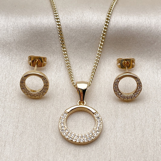 Oro Laminado Earring and Pendant Adult Set, Gold Filled Style with White Micro Pave, Polished, Golden Finish