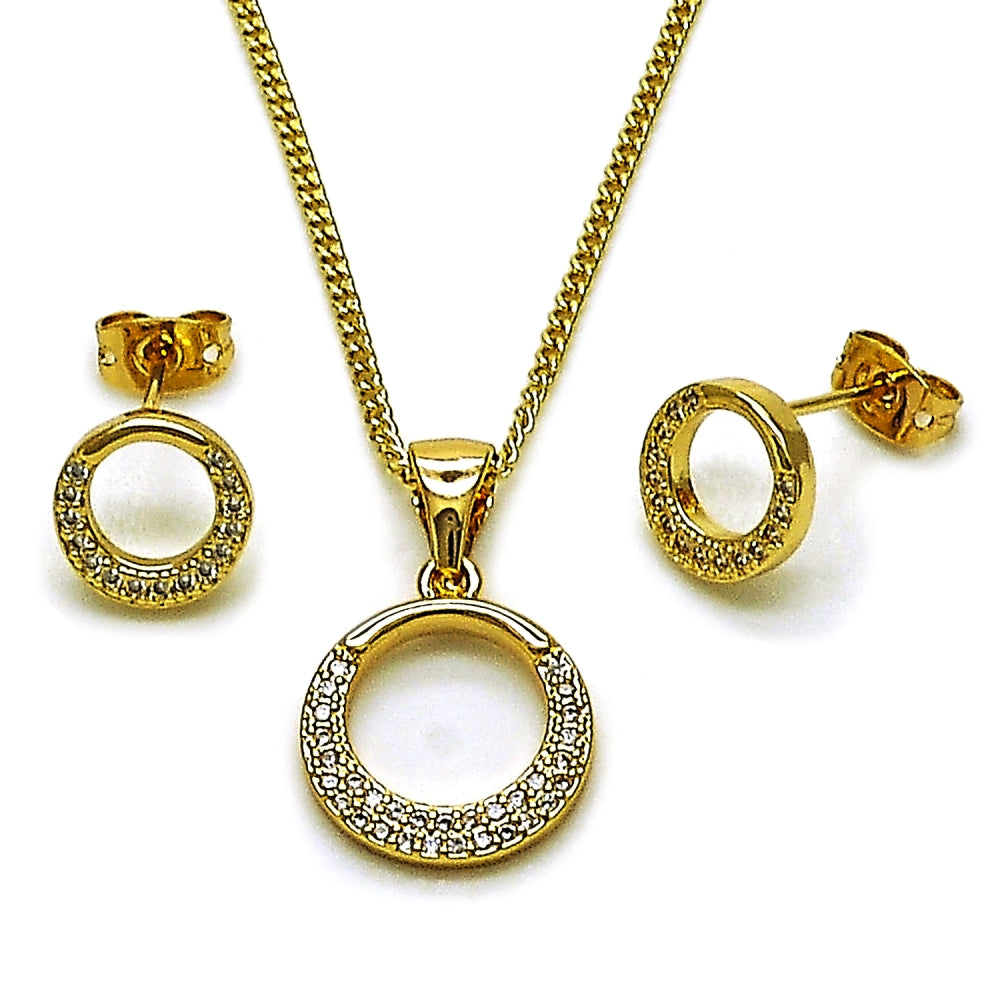 Oro Laminado Earring and Pendant Adult Set, Gold Filled Style with White Micro Pave, Polished, Golden Finish