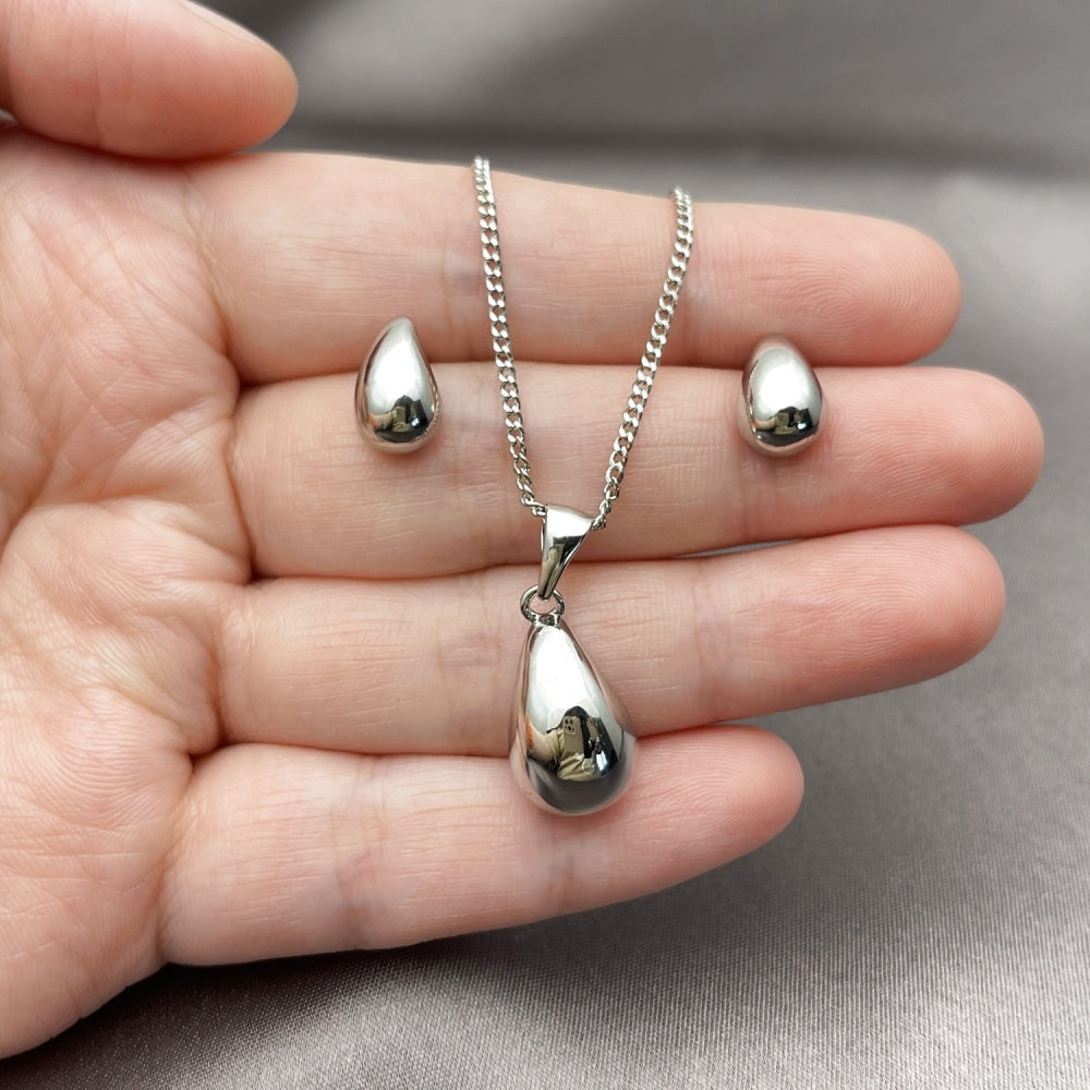 Rhodium Gold Filled Earring and Pendant Adult Set, Teardrop Design, Polished, Rhodium Finish