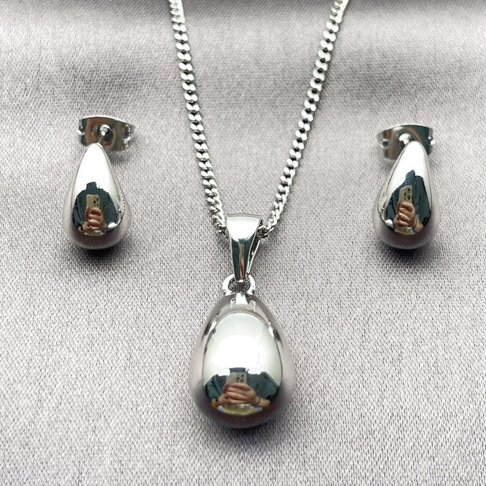 Rhodium Gold Filled Earring and Pendant Adult Set, Teardrop Design, Polished, Rhodium Finish