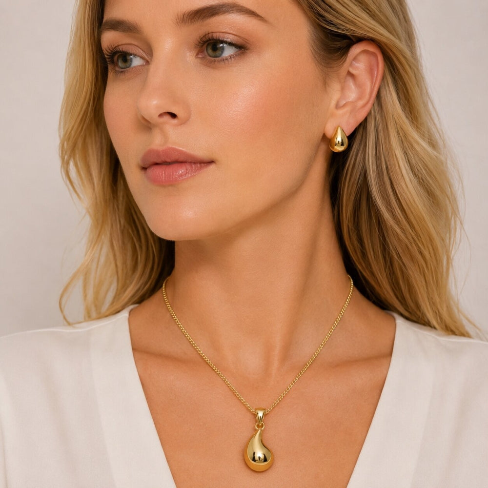 Oro Laminado Earring and Pendant Adult Set, Gold Filled Style Teardrop and Hollow Design, Polished, Golden Finish