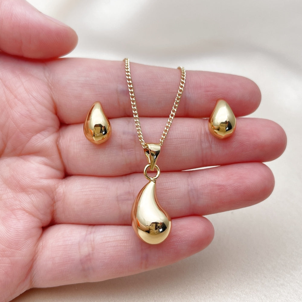 Oro Laminado Earring and Pendant Adult Set, Gold Filled Style Teardrop and Hollow Design, Polished, Golden Finish