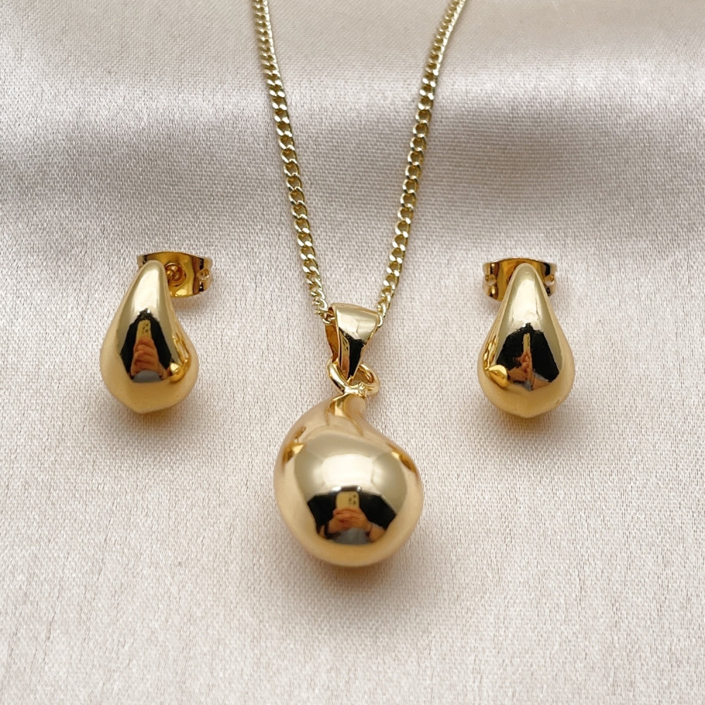 Oro Laminado Earring and Pendant Adult Set, Gold Filled Style Teardrop and Hollow Design, Polished, Golden Finish