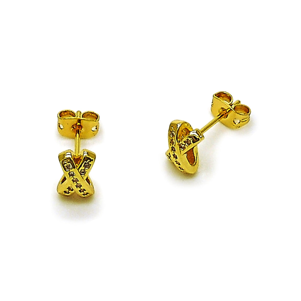 Oro Laminado Stud Earring, Gold Filled Style with White Micro Pave, Polished, Golden Finish