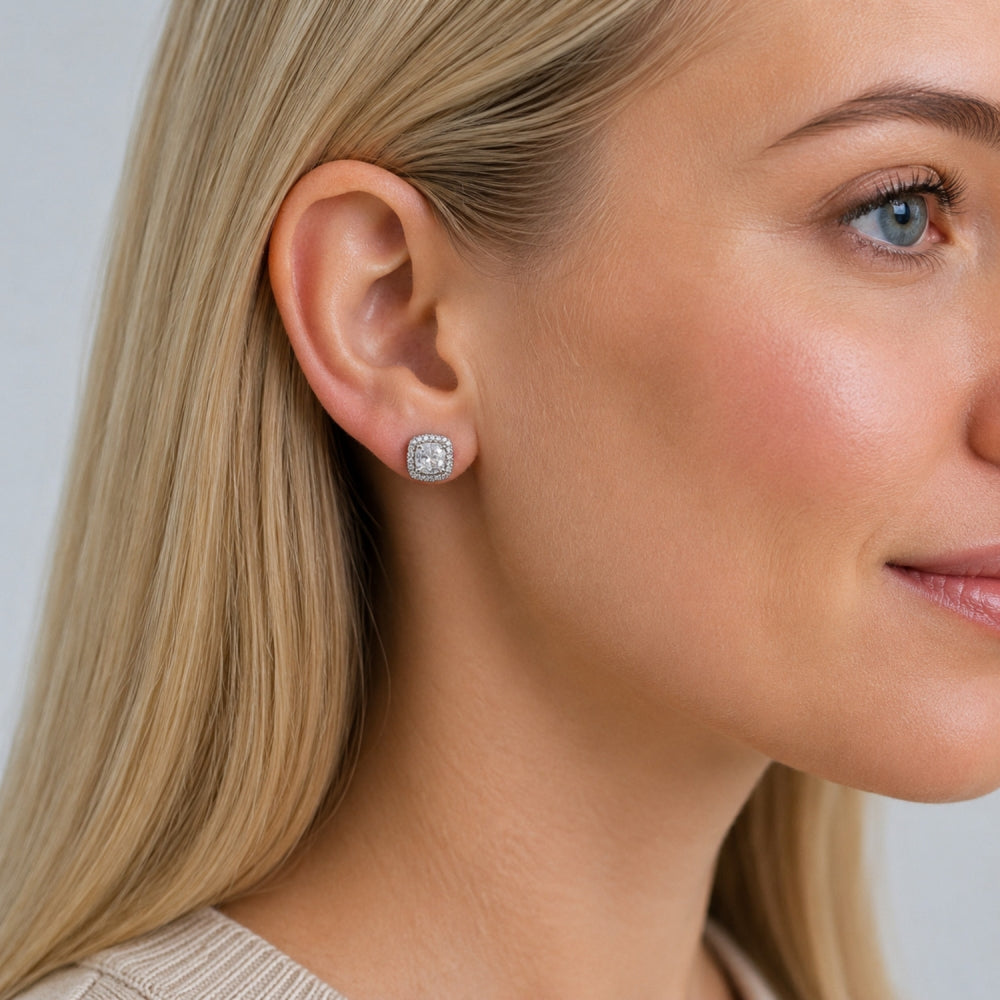 Rhodium Gold Filled Stud Earring, Cluster Design, with White Cubic Zirconia and White Micro Pave, Polished, Rhodium Finish